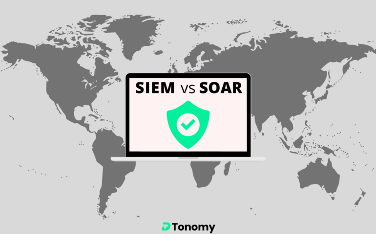 SIEM vs SOAR DTonomy graphic with cybersecurity logo